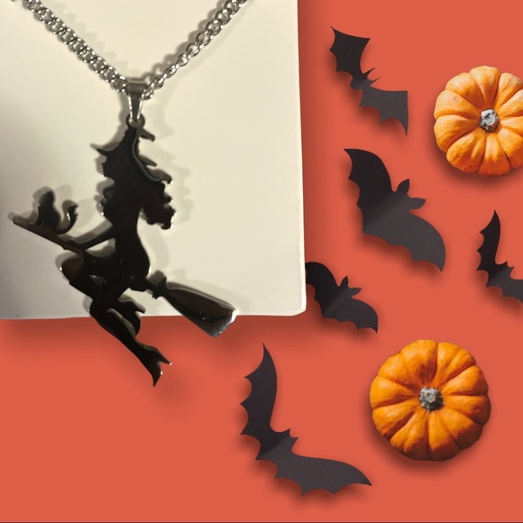 Vintage Witch Broom Cat Stainless Steel Necklace - Picture 8 of 16